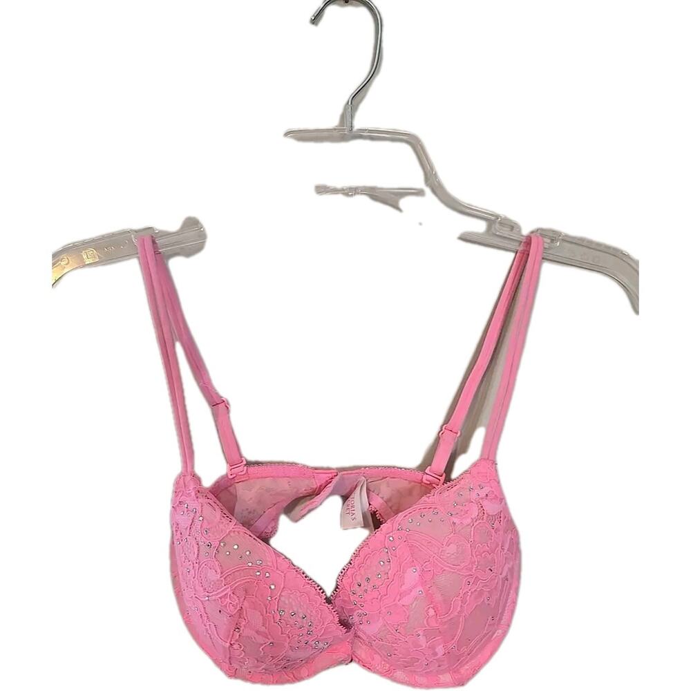 Victoria's Secret Very Sexy Pink Lace Embellished Underwire Push Up Bra Size 32C